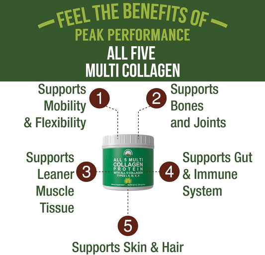 Peak Performance All 5 Multi-Collagen Protein Powder Peptides Multi-Collagen Contains All Types I, Ii, Iii,V, X. Keto, Paleo Friendly With Hydrolyzed Bovine, Marine, Chicken, Bone Broth Collagens