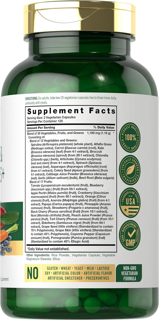Carlyle Fruits and Veggies Supplement | 250 Capsules | Made with 30 Fruits and Vegetables | Vegetarian, Non-GMO, Gluten Free Superfood Formula