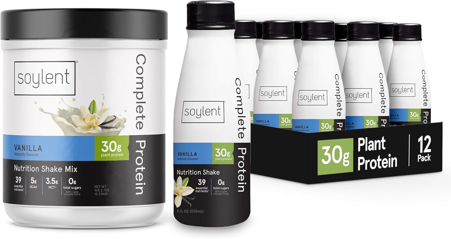 Soylent Complete Protein Vanilla Bundle, Soylent Vanilla High Protein Shake, Ready To Drink Protein Drinks, 11 Oz, 12 Pack + Soylent Complete Protein Powder - Vanilla (1.25Lbs – 10 Servings)