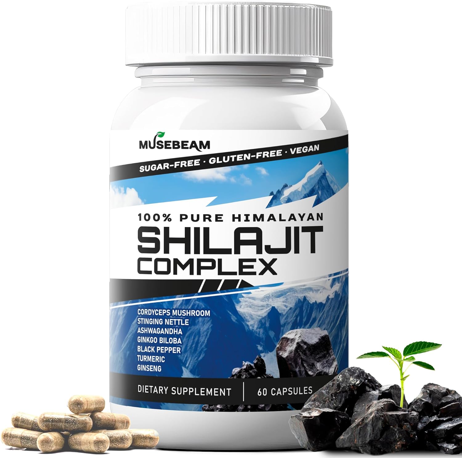 Himalayan Shilajit Capsules Men Women - Pure Himalayan Fulvic Acid Supplement Pills - Ashwagandha Turmeric Ginkgo Biloba Ginseng Cordyceps Mushroom Stinging Nettle Black Pepper