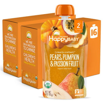 Happy Baby Organics Stage 2 Baby Food Pouches, Gluten Free, Vegan & Healthy Snack, Clearly Crafted Fruit & Veggie Puree, Pears, Pumpkin & Passion Fruit, 4 Ounces (Pack Of 16)