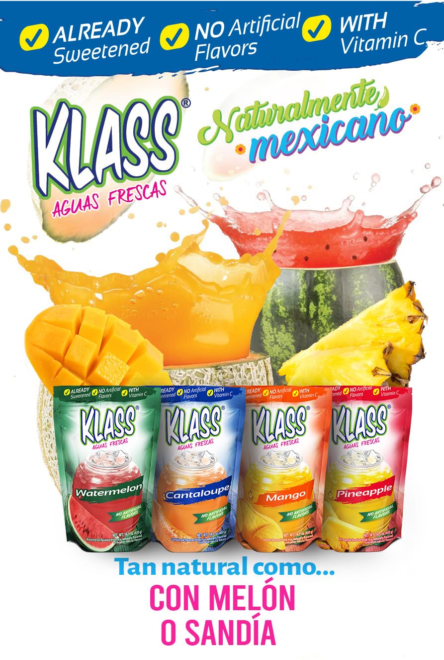 Drink Mix Variety Pack Of Aguas Frescas | Klass Watermelon, Cantaloupe, Mango & Pineapple Drink Flavors | From Natural Sources, No Artificial Flavors, With Vitamin C (Makes 7 To 9 Quarts) 14.1 Oz Family Pack (4-Pack)