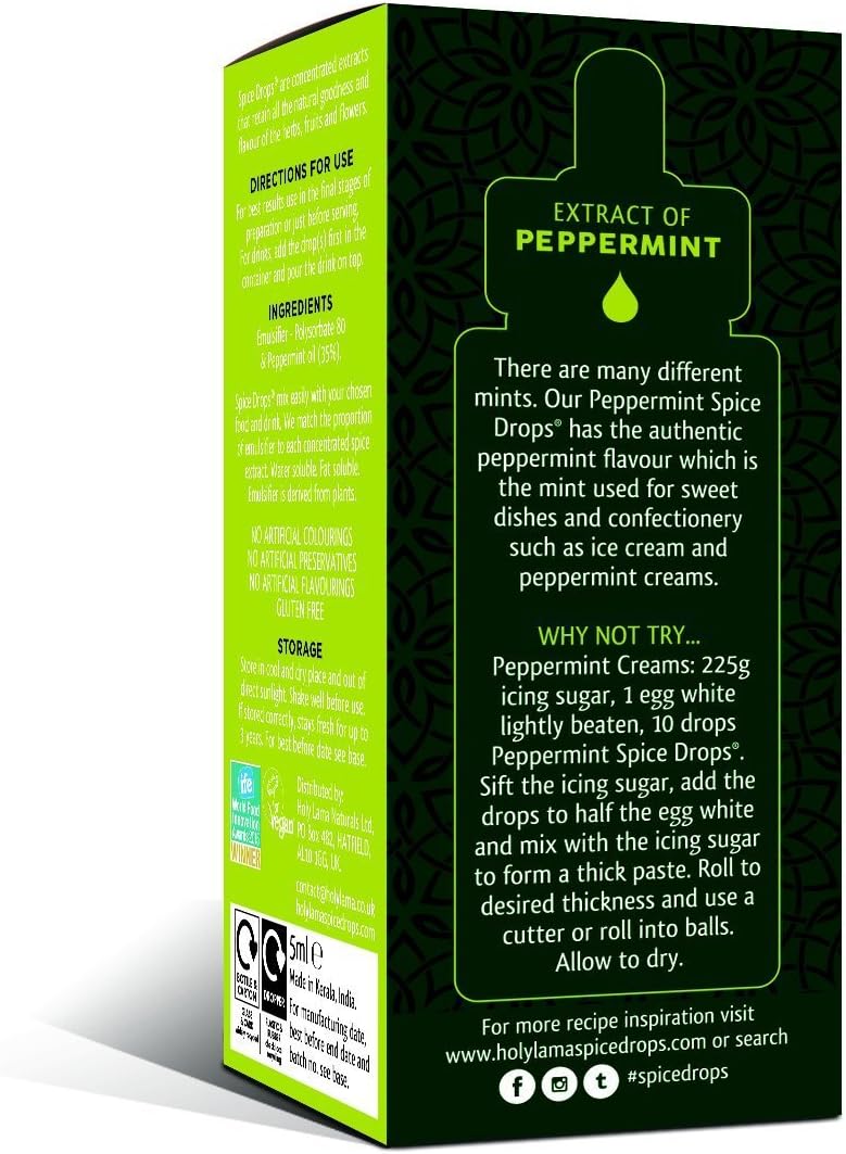 Holy Lama Spice Drops Peppermint Extract – Great Taste Awards. Natural Cooking Ingredient, Sweet and Confectionery Recipes, Drinks, Teas, Cocktails 1 x 5ml Bottle : Amazon.co.uk: Grocery