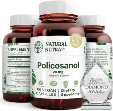Natural Nutra Policosanol 20Mg With Octacosanol, Supplement To Promotes Fluid Circulations, Improves Cardiovascular Health, 60 Vegan Capsules