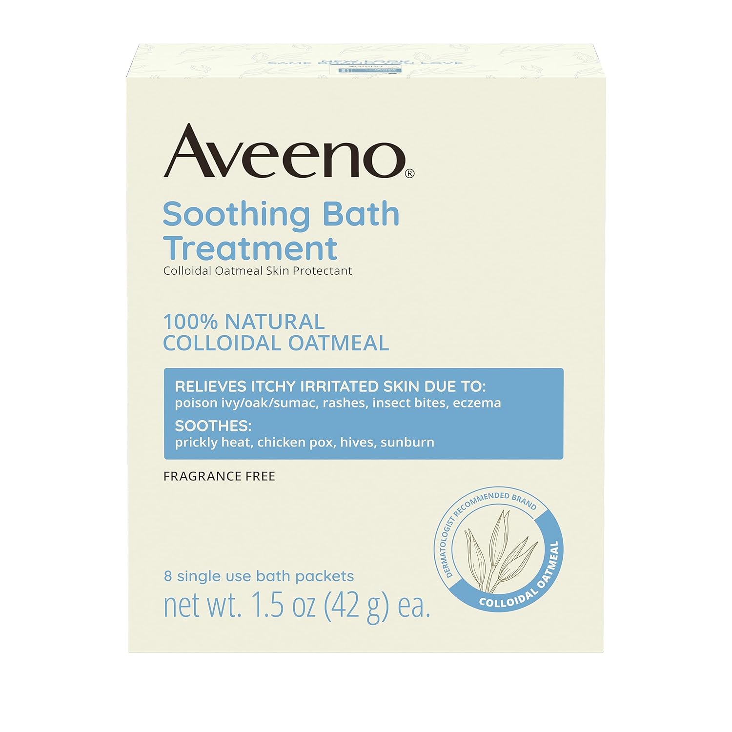 Aveeno Fragrance Free Soothing Bath Treatment, 100% Natural Colloidal Oatmeal, Sensitive Skin Bath Soak For Relief Of Dry, Itchy, Irritated Skin Due To Eczema & Hives, Bath Packets, 8 Ct