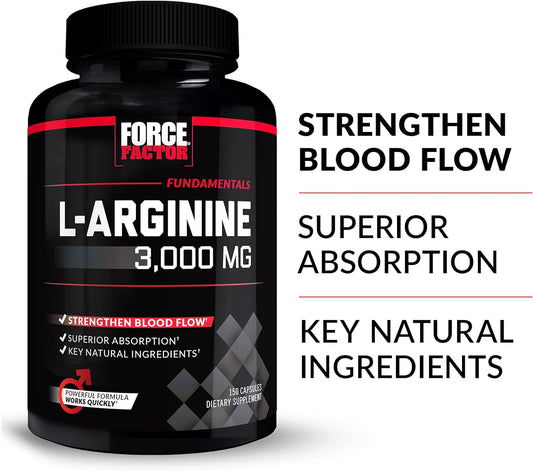 Force Factor L-Arginine,3-Pack,Nitric Oxide Supplement with BioPerine to Help Build Muscle & Support Stronger Blood Flow,Circulation,Nutrient Delivery,& Pumps,L-Arginine 3000mg,3g,450 Capsules