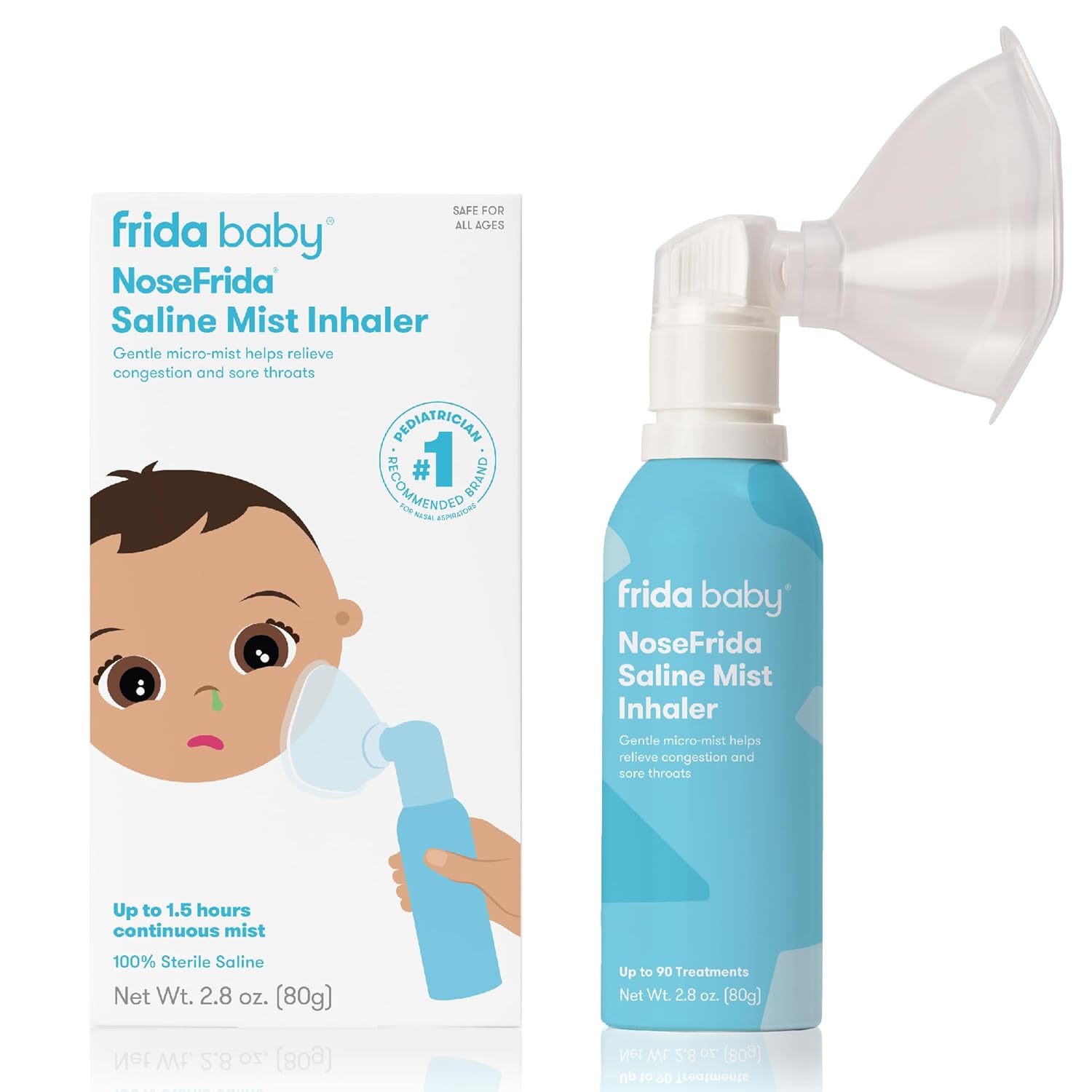 Frida Baby Nosefrida Saline Mist Nasal Inhaler, Allergy Relief And Congestion Relief For Babies + Kids, Nasal Saline Spray, Saline Inhaler Soothes Stuffy Nose And Sore Throat, Includes Optional Mask