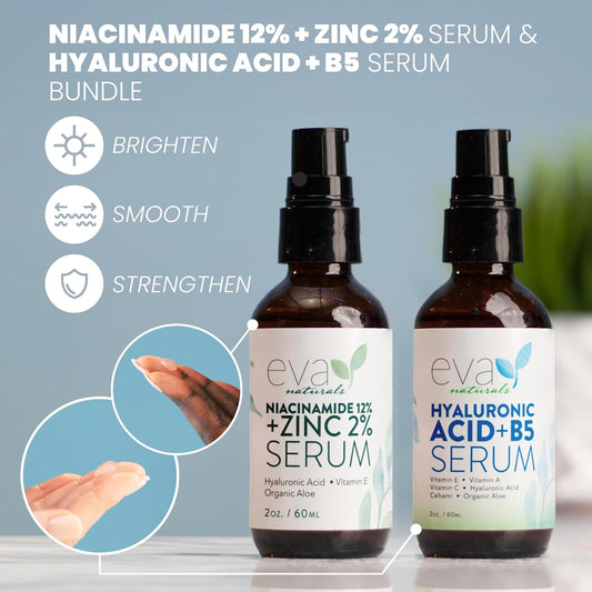 12% Niacinamide Serum & Hyaluronic B5 Serum Bundle For Smooth Bright & Youthful Skin - Pore Minimizer & Moisturizer For Skin - Reduce Dark Spots, Fine Lines & Wrinkles With Zinc & Vitamin B5