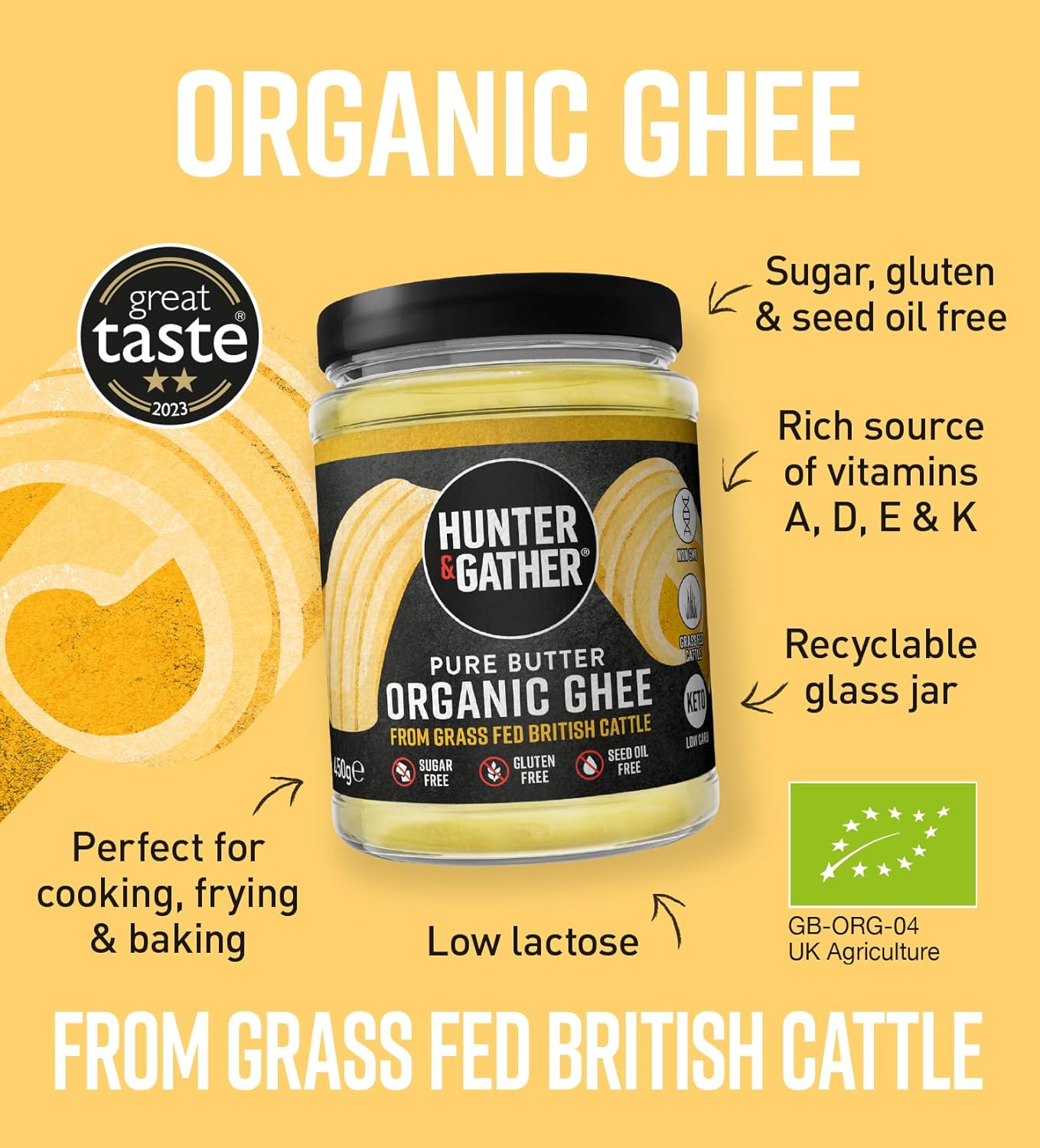 Hunter & Gather Certified Organic Ghee from Grass Fed British Cows 450g | Sugar, Gluten & Seed Oil Free & Low Lactose content | Keto, Low Carb & Paleo : Amazon.co.uk: Grocery