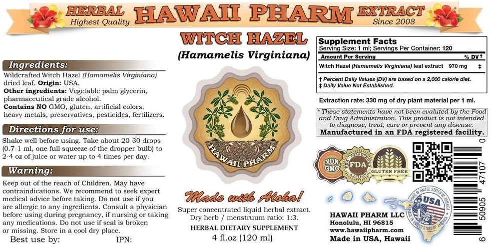 Hawaiipharm Witch Hazel Liquid Extract, Witch Hazel (Hamamelis Virginiana) Tincture, Herbal Supplement, Made In Usa, 4 Fl.Oz