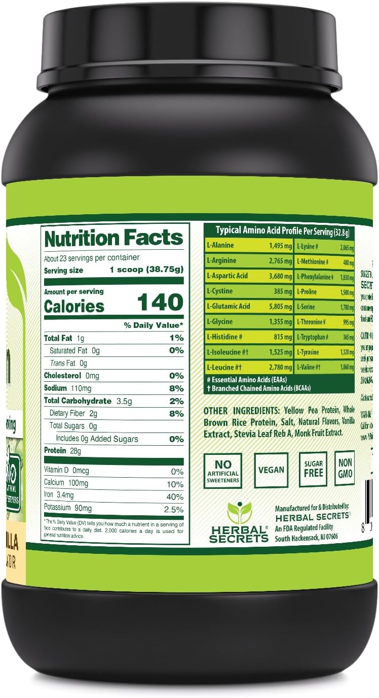 Herbal Secrets Plant Protein 2 Lb Powder | 28 Grams Protein per Serving | 6.1 Grams BCAA | Vegan Supplement | 23 Servings | Made in USA (2 Lb, Vanilla) : Health & Household