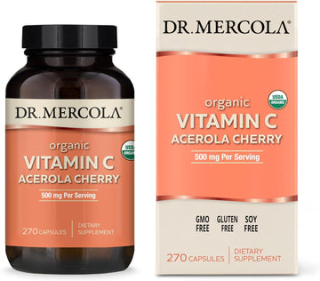 Dr. Mercola Organic Vitamin C Acerola Cherry, 90 Servings (270 Capsules), 500 mg Per Serving, Dietary Supplement, Supports Healthy Immune Function, Non-GMO, Certified USDA Organic