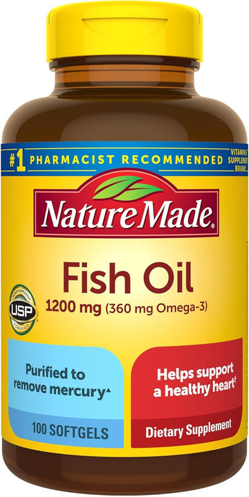 Nature Made Fish Oil Omega 3 Supplements, 1200Mg Softgels, Omega 3 Fish Oil For Healthy Heart Support, 100 Softgels, 50 Day Supply
