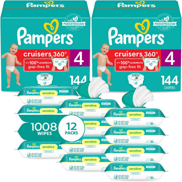 Pampers Pull On Cruisers 360° Fit Disposable Baby Diapers Size 4, 2 Months Supply (2 X 144 Count) With Sensitive Water Based Wipes 12X Multi Pack Pop-Top And Refill (1008 Count)