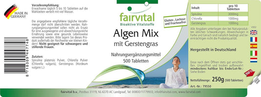 Fairvital | Algae Mix with barley grass - BULK PACK for 3 months - VEGAN - 500 tablets - Spirulina, chlorella and barley grass without additives