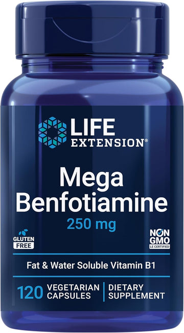 Life Extension Mega Benfotiamine, 250 Mg, A Fat-Soluble Form Of Thiamine, Healthy Metabolism, Ultra-Bioavailable Vitamin B1, High Potency, Gluten-Free, Non-Gmo, Vegetarian, 120 Capsules