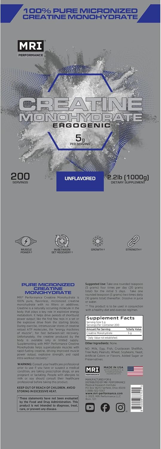 Mri Performance Creatine Monohydrate Powder 5G,100% Pure Micronized Creatine Supplement, Muscle Growth & Recovery, Build Muscle, Increase Strength, Performance, Endurance, 1000G, Unflavored : Health & Household