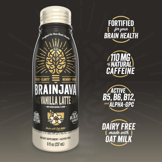 Brainjava Oat Milk Vanilla Latte Ready To Drink Coffee, 4 Pack, Fair Trade Arabica Coffee, 110Mg Caffeine, L-Theanine, Potassium, B Vitamins, For Focus, Clarity, Gluten Free, Vegan, 8 Fl Oz Bottles