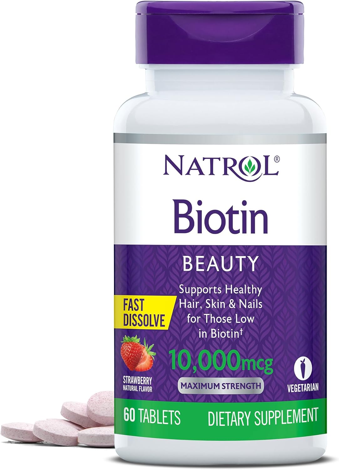 Natrol Beauty Biotin 10000mcg, Dietary Supplement for Healthy Hair, Skin, Nails and Energy Metabolism, 60 Strawberry-avored Fast Dissolve Tablets, 60 Day Supply