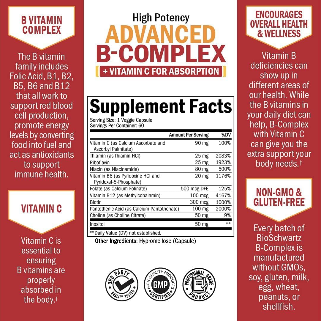 Vitamin B Complex with Vitamin C for Maximum Absorption - Methylcobalamin b12 & Folate Folic Acid Supplement - Vitamins B1 B2 B3 B5 B6 B7 B9 for Immune Energy & Nervous System Support - Non-GMO -60ct : Health & Household