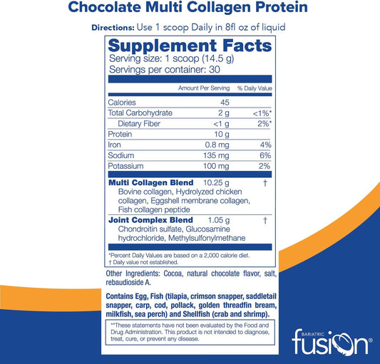 Bariatric Fusion Chocolate Multi Collagen Protein Powder | Hydrolyzed Collagen Peptides Powder Plus Joint Support Complex Of Msm And Glucosamine | Type 2 | Dairy, Gluten & Soy Free | 30 Servings