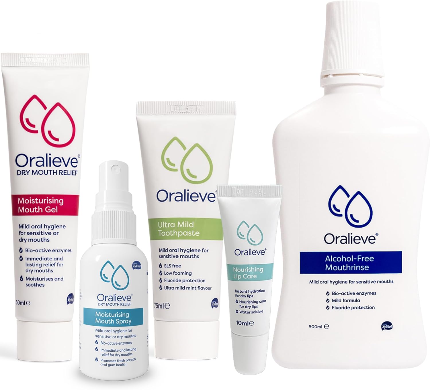 Oralieve Dry Mouth Relief Starter Kit (Includes Moisturising Dry Mouth Gel 50Ml, Moisturising Spray 50Ml, Ultra Mild Toothpaste 75Ml, Alcohol-Free Mouthwash 500Ml & Nourishing Lip Care 10Ml)
