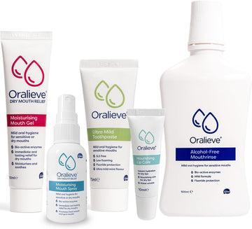 Oralieve Dry Mouth Relief Starter Kit (Includes Moisturising Dry Mouth Gel 50Ml, Moisturising Spray 50Ml, Ultra Mild Toothpaste 75Ml, Alcohol-Free Mouthwash 500Ml & Nourishing Lip Care 10Ml)
