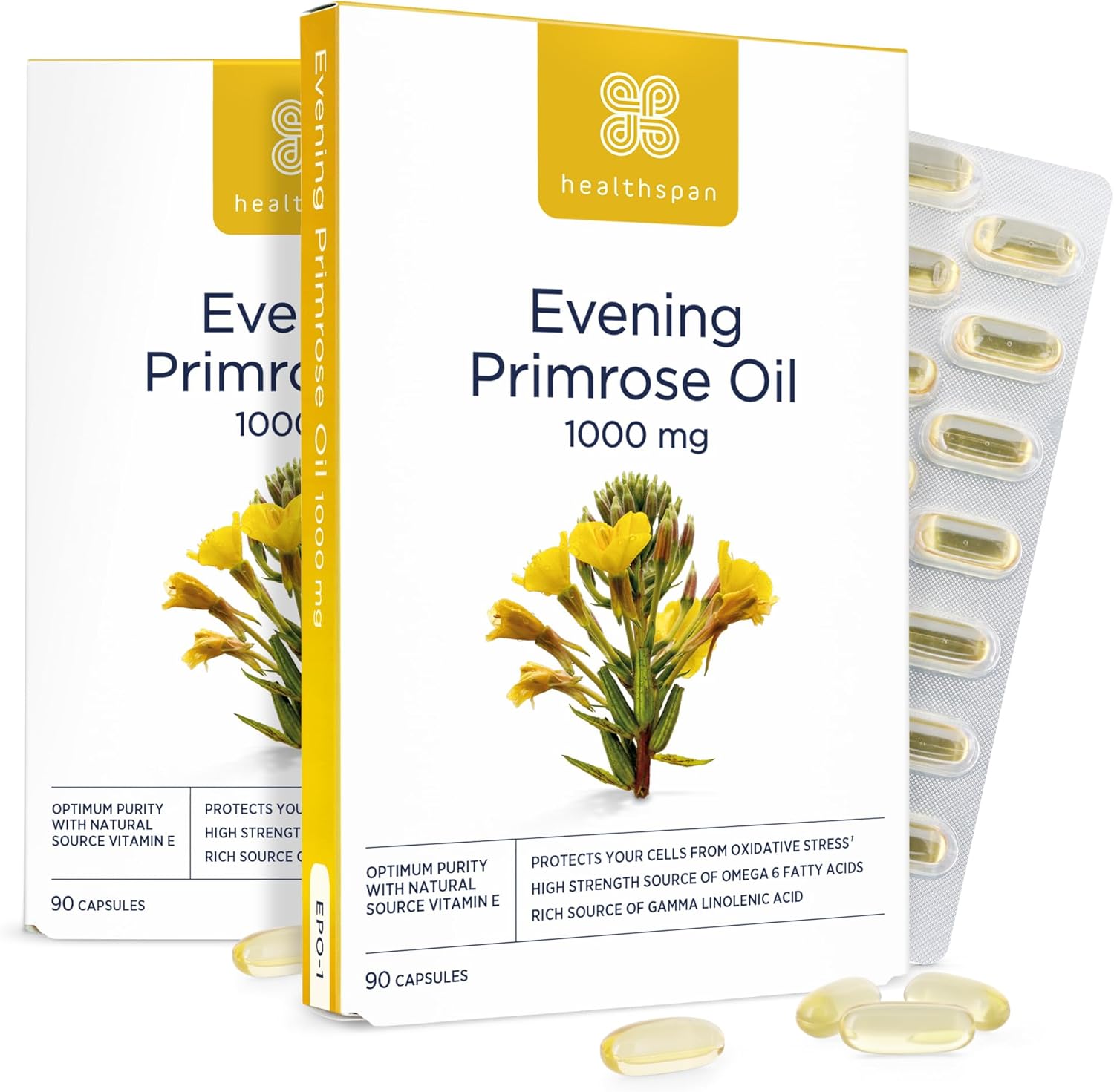 Healthspan Evening Primrose Oil | Support Women'S Health | Helps Maintain Hormonal Balance | Rich Source Of Omega 6 Fatty Acids | Added Vitamin E | Vegan (180 Capsules, 1,000Mg)