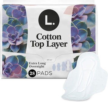L. Extra Long Maxi Pads For Women, Overnight Absorbency, Breathable Cotton Top Layer, Unscented Pads With Wings, 28 Ct