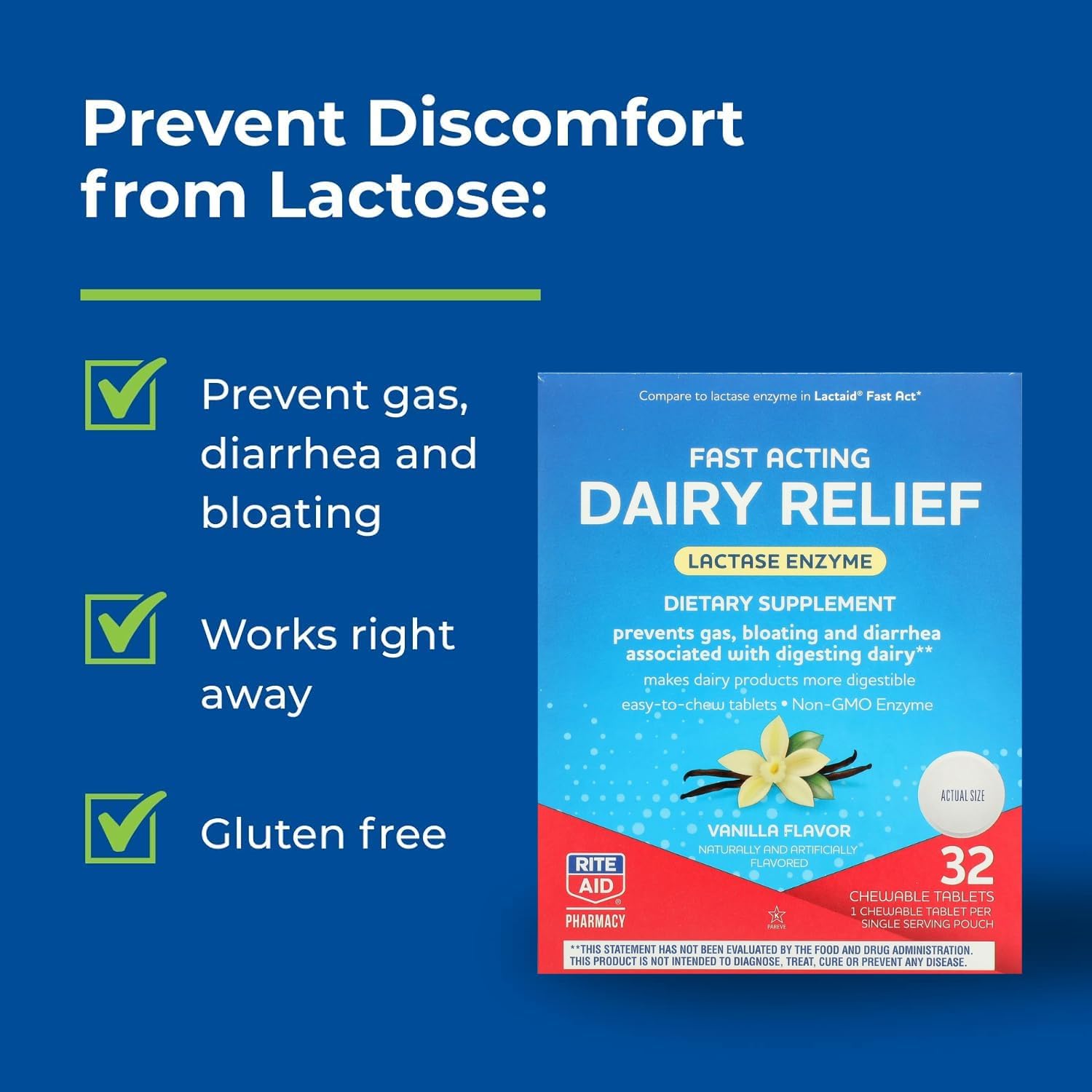 Rite Aid Fast Acting Dairy Relief Chewable Tablets, Vanilla Flavor - 32 Ct. | Lactase Enzyme Supplement | Gas & Bloating Relief | Lactose Intolerance Pills | Dairy Relief Pills | Enzymes for Digestion : Health & Household