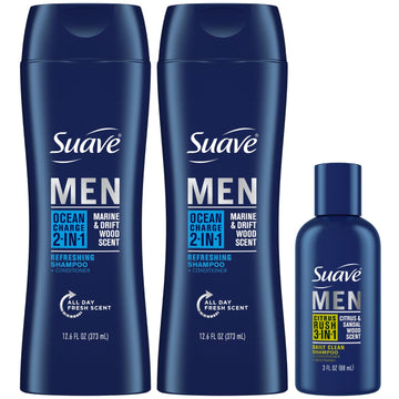 Suave Body Wash, Shampoo & Conditioner 3-In-1, Citrus Rush For Men, Travel Size + Shampoo And Conditioner 2-In-1, Ocean Charge For Men, Full Size, Twin Pack (3 Piece Set)