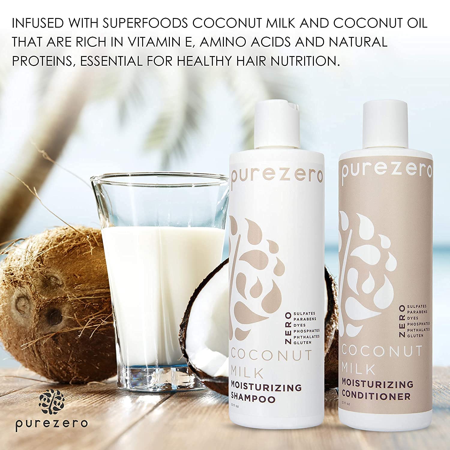 Purezero Coconut Milk Shampoo & Conditioner Set - 100% Vegan & Cruelty Free - Intense Hydration & Increase Shine - Zero Sulfates, Parabens, Dyes - Fight Dandruff & Frizz : Beauty & Personal Care
