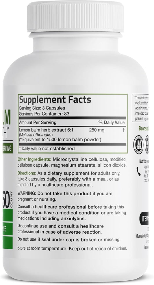 Bronson Melissa Lemon Balm Extra Strength, Non-Gmo, 250 Vegetarian Capsules