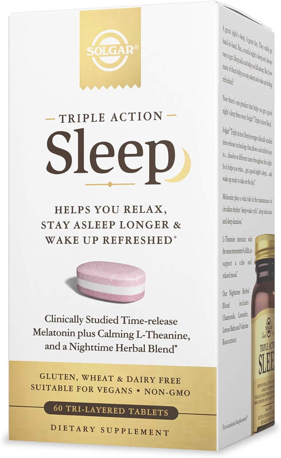 Solgar Triple Action Sleep, 60 Tri-Layer Tablets - Time-Release Melatonin & L-Theanine Plus Herbal Blend - Helps You Relax, Fall Asleep Fast & Stay Asleep Longer - Non-Gmo, Gluten Free - 60 Servings