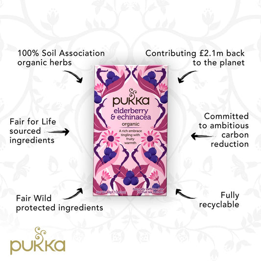 Pukka Organic Tea Bags, Elderberry & Echinacea Herbal Tea, Perfect For Wellness Support, 20 Count (Pack Of 3) 60 Tea Bags