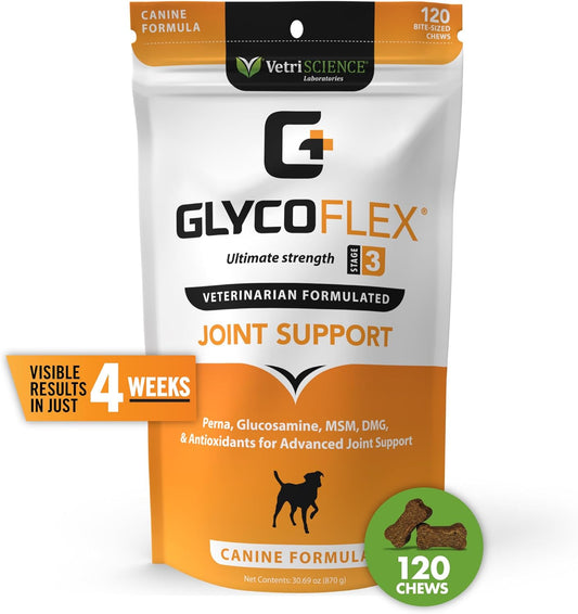 VetriScience Glycoflex 3 Clinically Proven Hip and Joint Supplement for Dogs - Maximum Strength Dog Supplement with Glucosamine, MSM, Green Lipped Mussel & DMG - 3 Pack (120 Chews Each)?