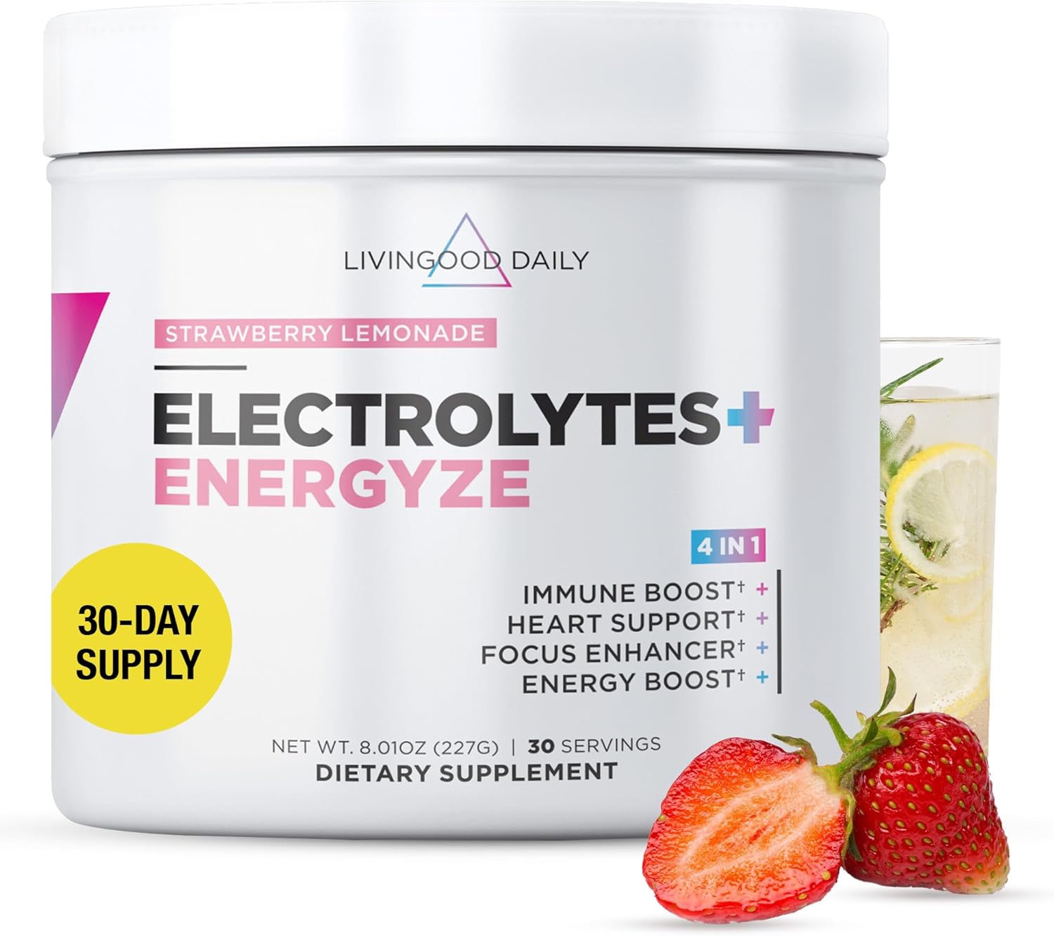 Livingood Daily Electrolytes Powder, Electrolytes Hydration Powder With Vitamin C, Taurine, D Ribose & Fos, Sugar Free Electrolyte Drink Mix, Keto, Gluten Free, Strawberry Lemonade, 30 Servings