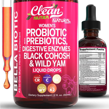 Liquid Probiotics For Women Drops With Chasteberry, Black Cohosh, Prebiotics, Digestive Enzymes, Evening Primrose Oil, Wild Yam, Cranberry Dmannose And Iron Vitamin D3 K2 Clean Nutra Bella Biotics