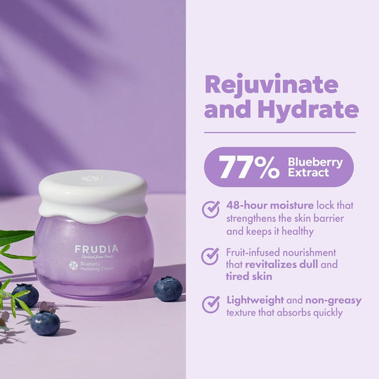 Frudia Blueberry Hydrating Face Cream, Vegan Korean Face Moisturizer W/77% Blueberry Extract, Panthenol & Fruit Seed Oils For Dry Skin (0.35 Fl Oz)