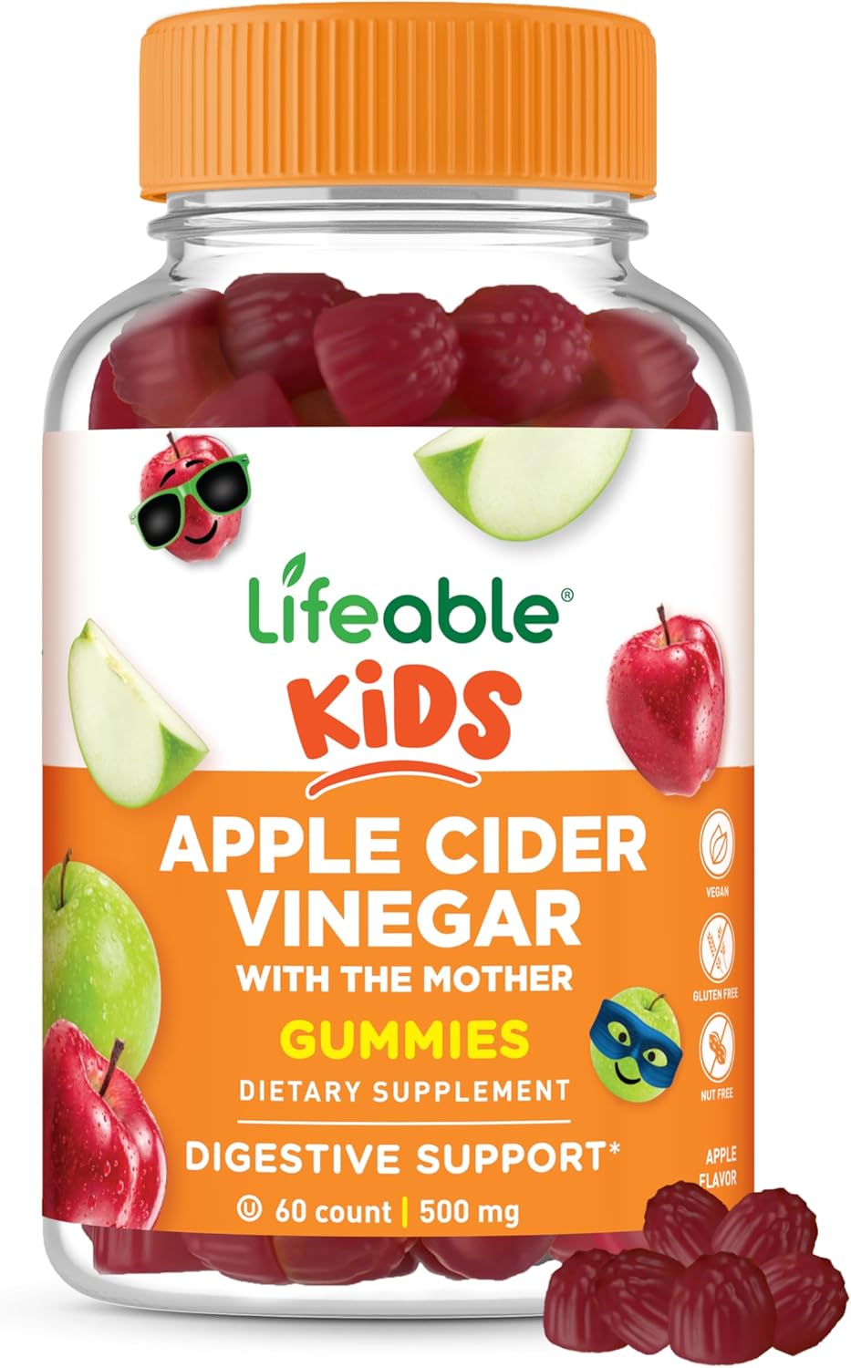 Lifeable Apple Cider Vinegar - For Kids - Acv With The Mother - 500 Mg Gummies - Great Tasting Natural Flavor Vitamin Supplement - Gluten Free Vegetarian Gmo-Free Chewable - For Children - 60 Gummies