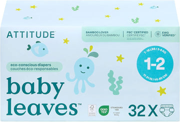 Attitude Eco-Conscious Disposable Diapers, Ewg Verified, Size 1/2 (7-17 Lbs), Ultra Absorbent For Baby, Vegan & Plant-Based, 32 Count