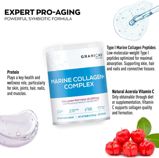 Marine Collagen Powder Unflavored - 10G Type I Hydrolyzed Collagen Peptides With Natural Acerola Vitamin C Antioxidant - Hair, Skin, Nails Vitamins For Women & Men- Pro-Aging Beauty Supplement - 9.8Oz