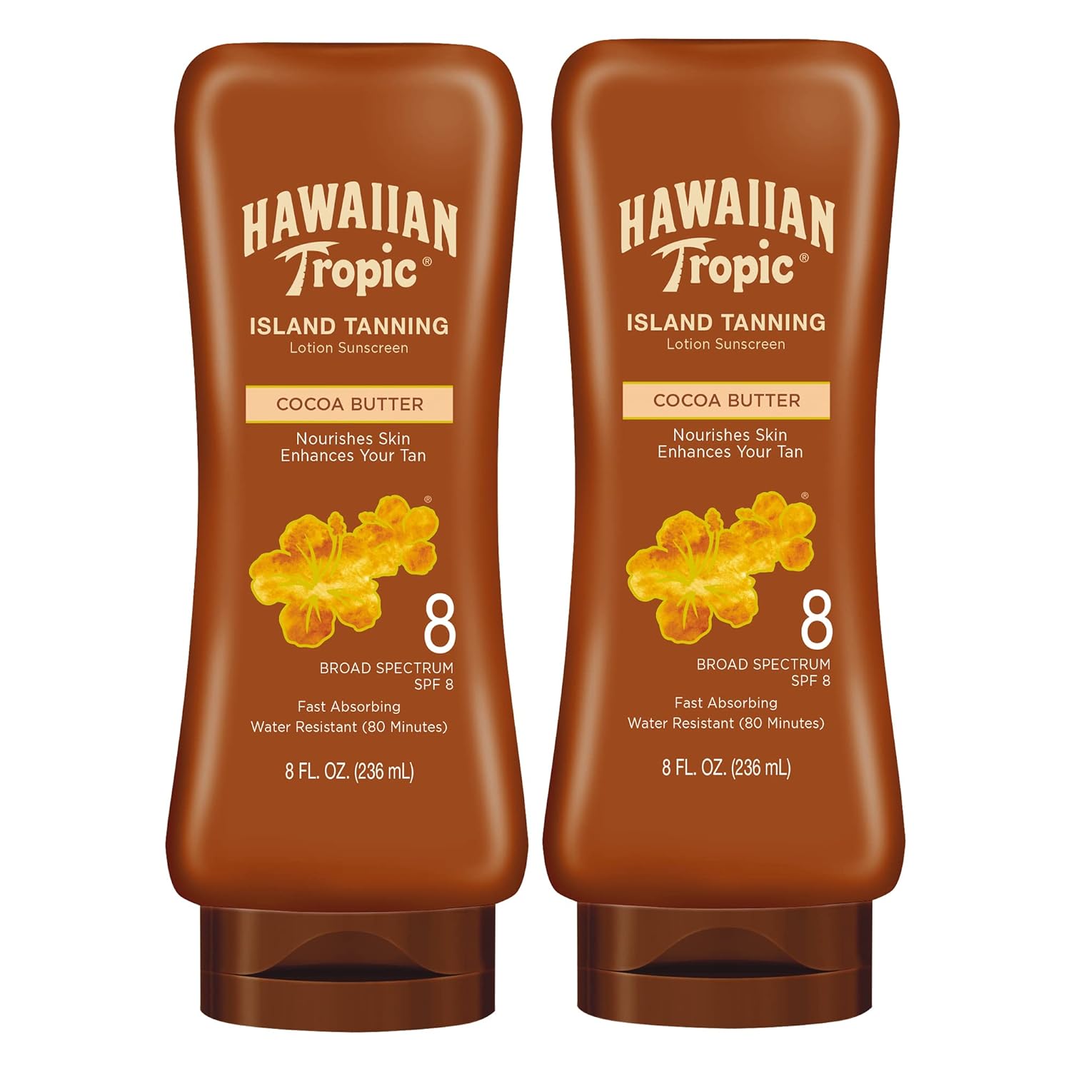 Hawaiian Tropic Island Tanning Lotion Sunscreen Spf 8, 8Oz | Outdoor Tanning Lotion With Spf, Spf 8 Sunscreen, Oxybenzone Free Sunscreen, 8Oz Twin Pack