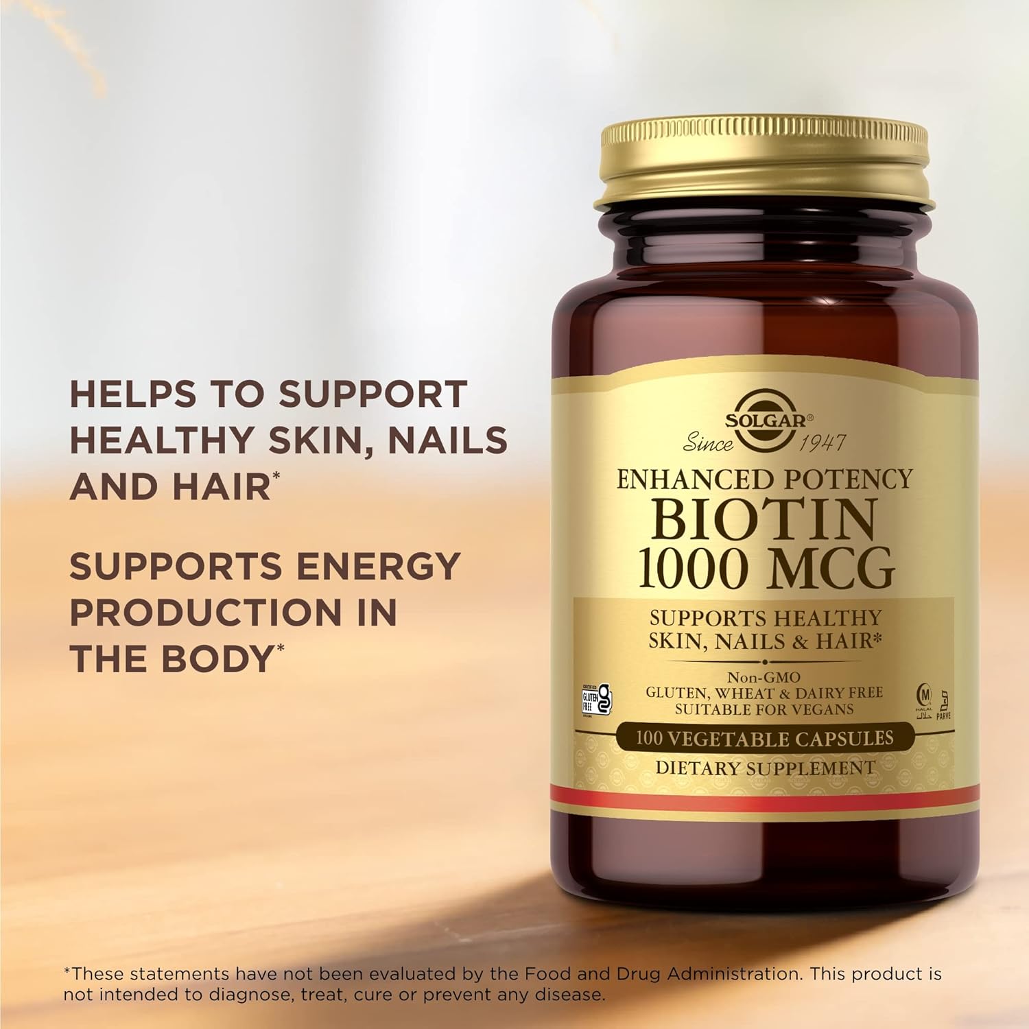 Solgar Biotin 1000 Mcg - 100 Vegetable Capsules - Supports Healthy Skin, Nails & Hair - Non-Gmo, Vegan, Gluten Free, Dairy Free, Kosher, Halal - 100 Servings