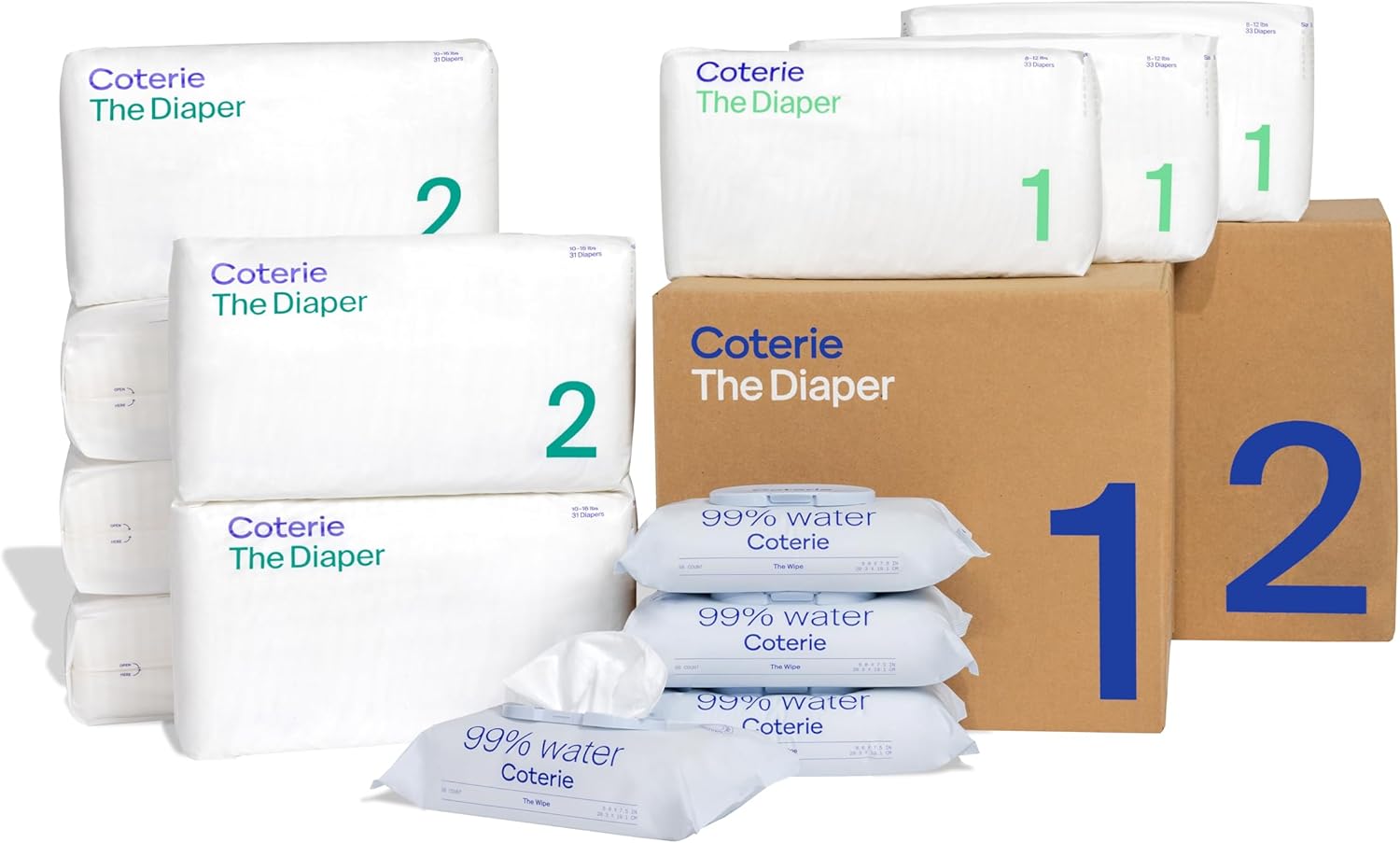 Coterie Baby Diapers + Wipes Baby Kit, Size 1 (99 Count) Size 2 (186 Count) 4 Wipe Packs (224 Wipes) Made With Plant Derived Fibers, Hypoallergenic, Designed For Sensitive Skin, Clean Ingredients
