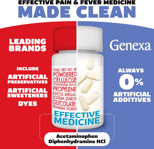Genexa Clean Acetaminophen Extra Strength, Dye Free Pain Reliever & Fever Reducer, 0% Artificial Additives, Pain Relief For Headache, Backache, Toothache, & Minor Arthritis, 500Mg Caplets, 50 Ct
