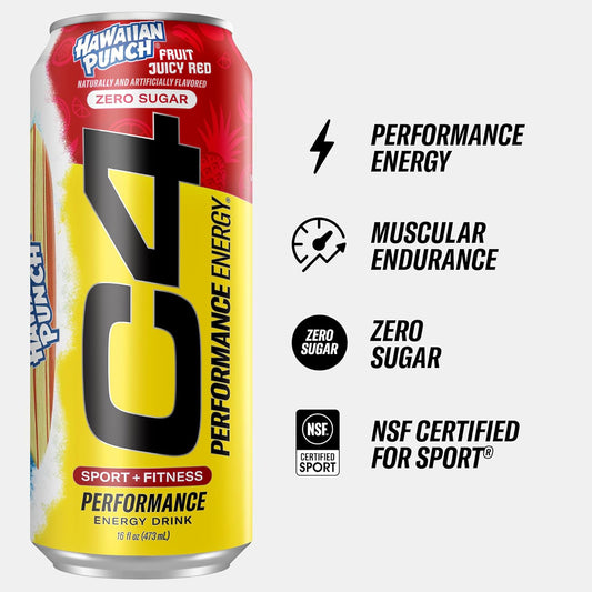 C4 Performance Energy Drink | Hawaiian Punch™ | Zero Sugar Carbonated Preworkout Energy | 200Mg Caffeine With Beta Alanine | 16 Fl Oz (12 Pack)