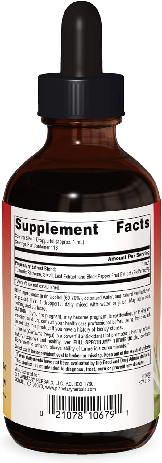 Planetary Herbals Turmeric Full Spectrum Liquid by Planetary Ayurvedics, Support for Antioxidant and Healthy Inflammation Response, 4 Ounces : Health & Household