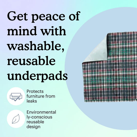 Because Washable & Reusable Underpads | Pack Of 4 | 34” X 36” | Heavy Absorbency Waterproof Bed Pads For Kids, Adults, Elderly, And Pets | Plaid