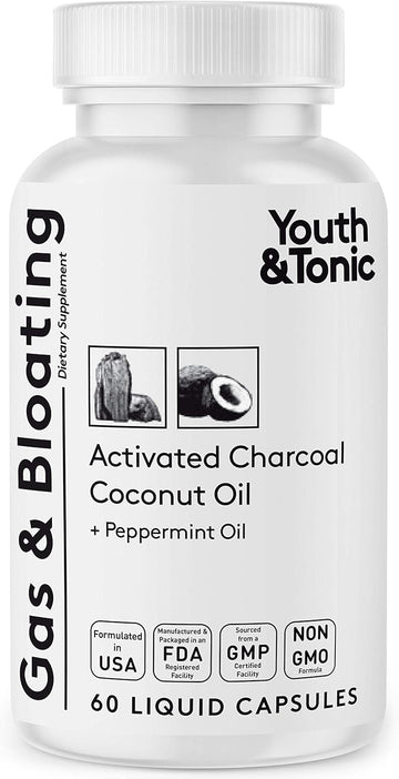 Youth & Tonic Activated Charcoal Pills For Bloating And Gas Relief To Soothe The Stomach And Digestive System Detox With Peppermint & Organic Coconut Oil, For Men & Women - 60 Liquid Capsules